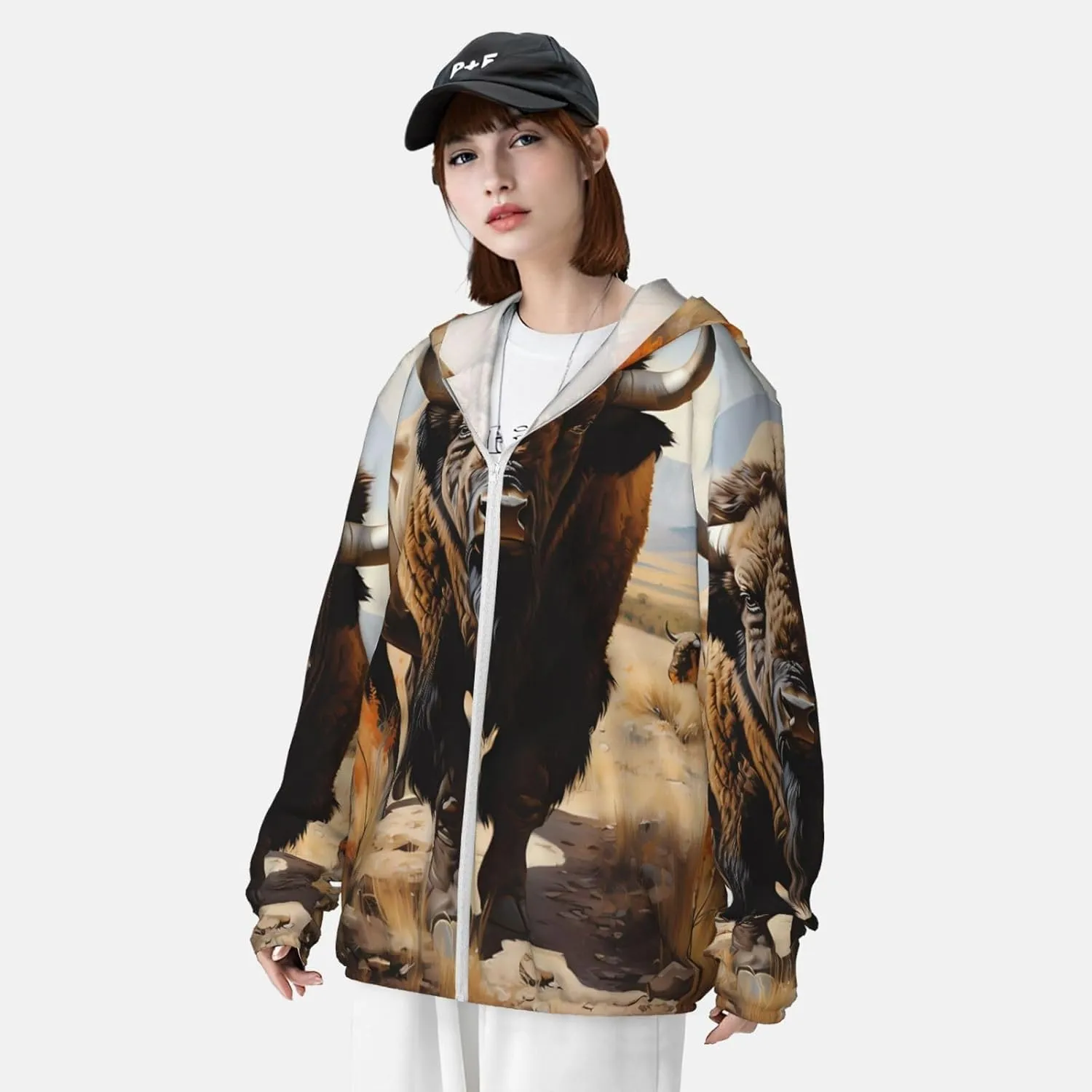 Lightweight UV Protection Sun Jacket, North American bison herd Print Sportswear Hooded Sunblock Shirt for Outdoor