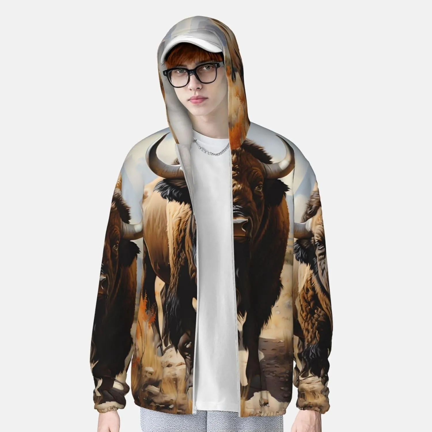 Lightweight UV Protection Sun Jacket, North American bison herd Print Sportswear Hooded Sunblock Shirt for Outdoor