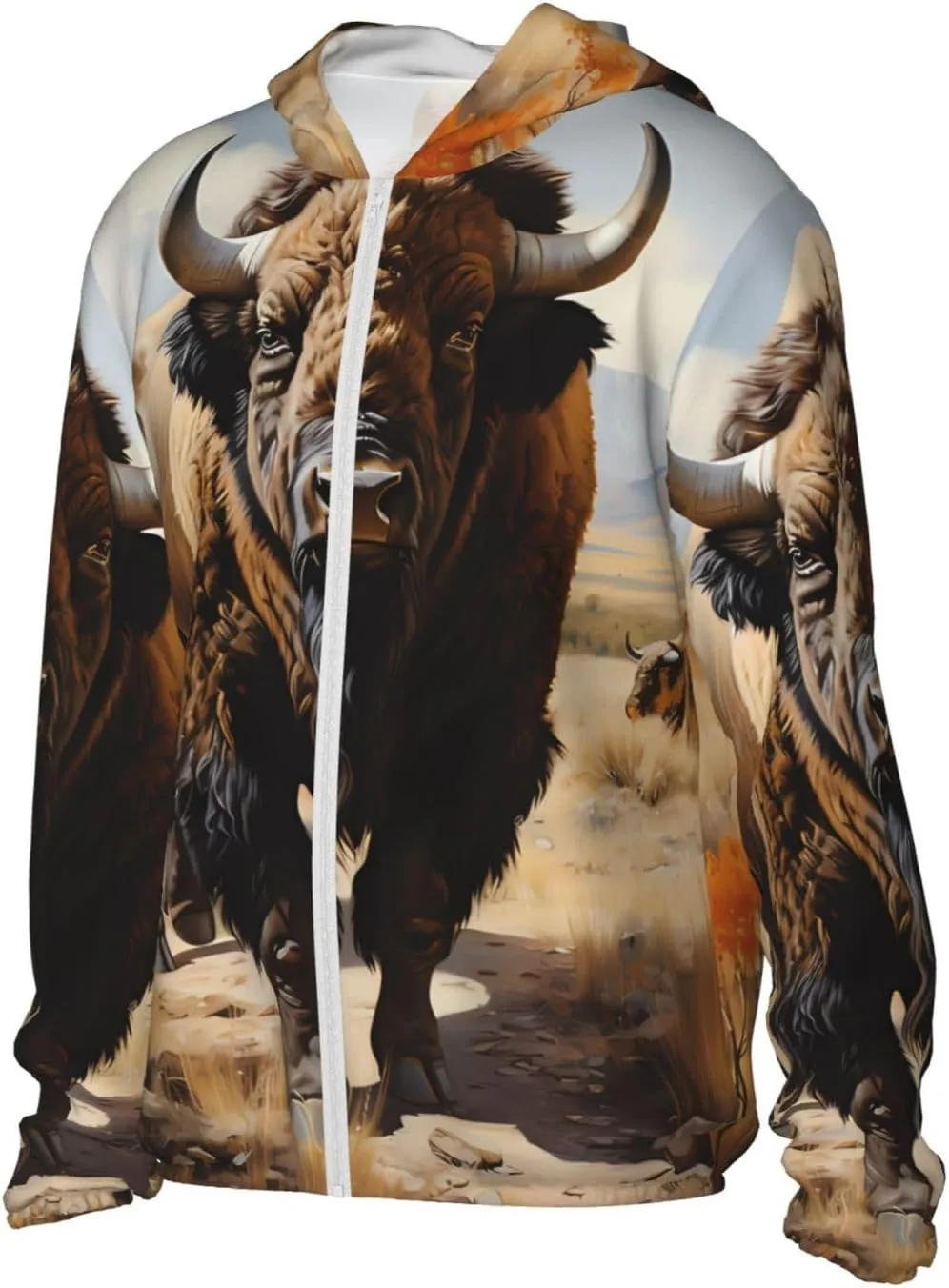 Lightweight UV Protection Sun Jacket, North American bison herd Print Sportswear Hooded Sunblock Shirt for Outdoor