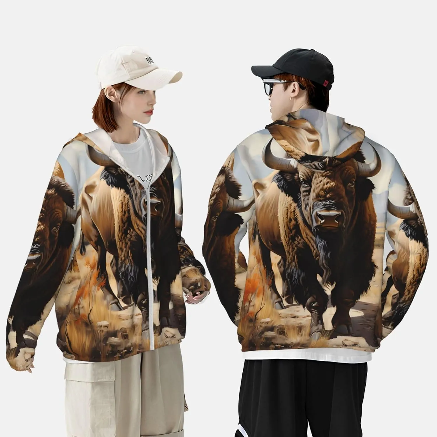 Lightweight UV Protection Sun Jacket, North American bison herd Print Sportswear Hooded Sunblock Shirt for Outdoor