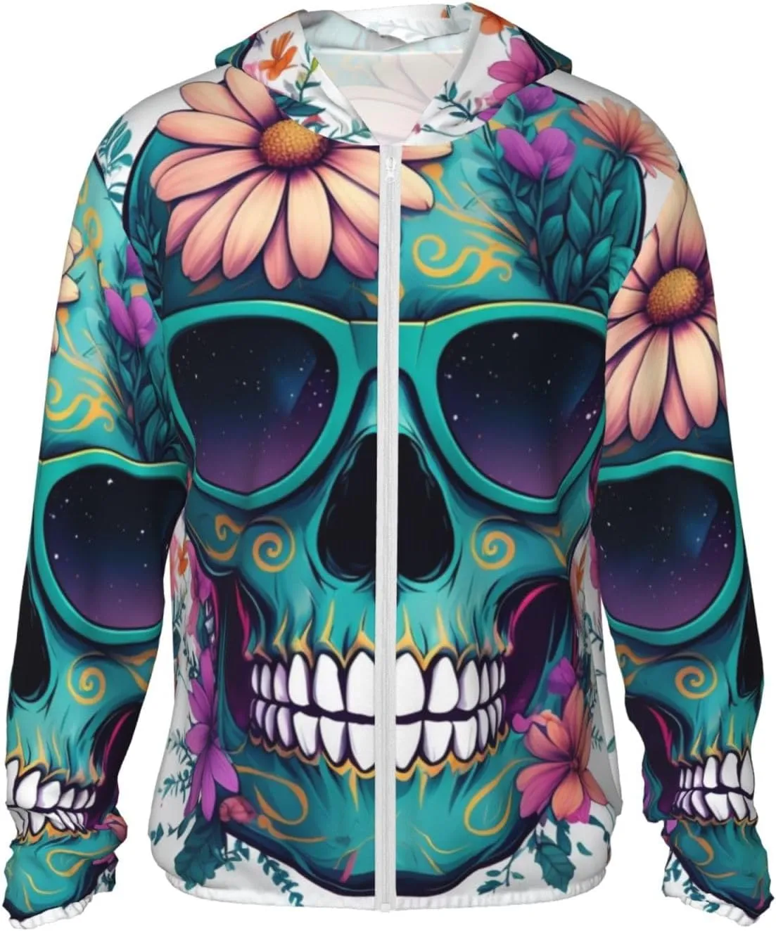 Lightweight UV Protection Sun Jacket, Skull Floral Accents Print Sportswear Hooded Sunblock Shirt for Outdoor