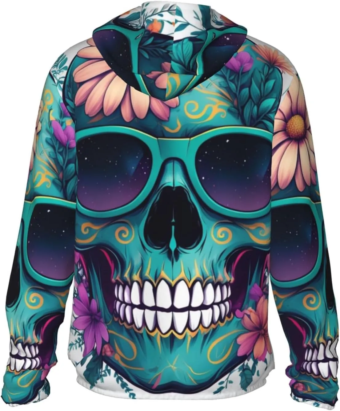 Lightweight UV Protection Sun Jacket, Skull Floral Accents Print Sportswear Hooded Sunblock Shirt for Outdoor