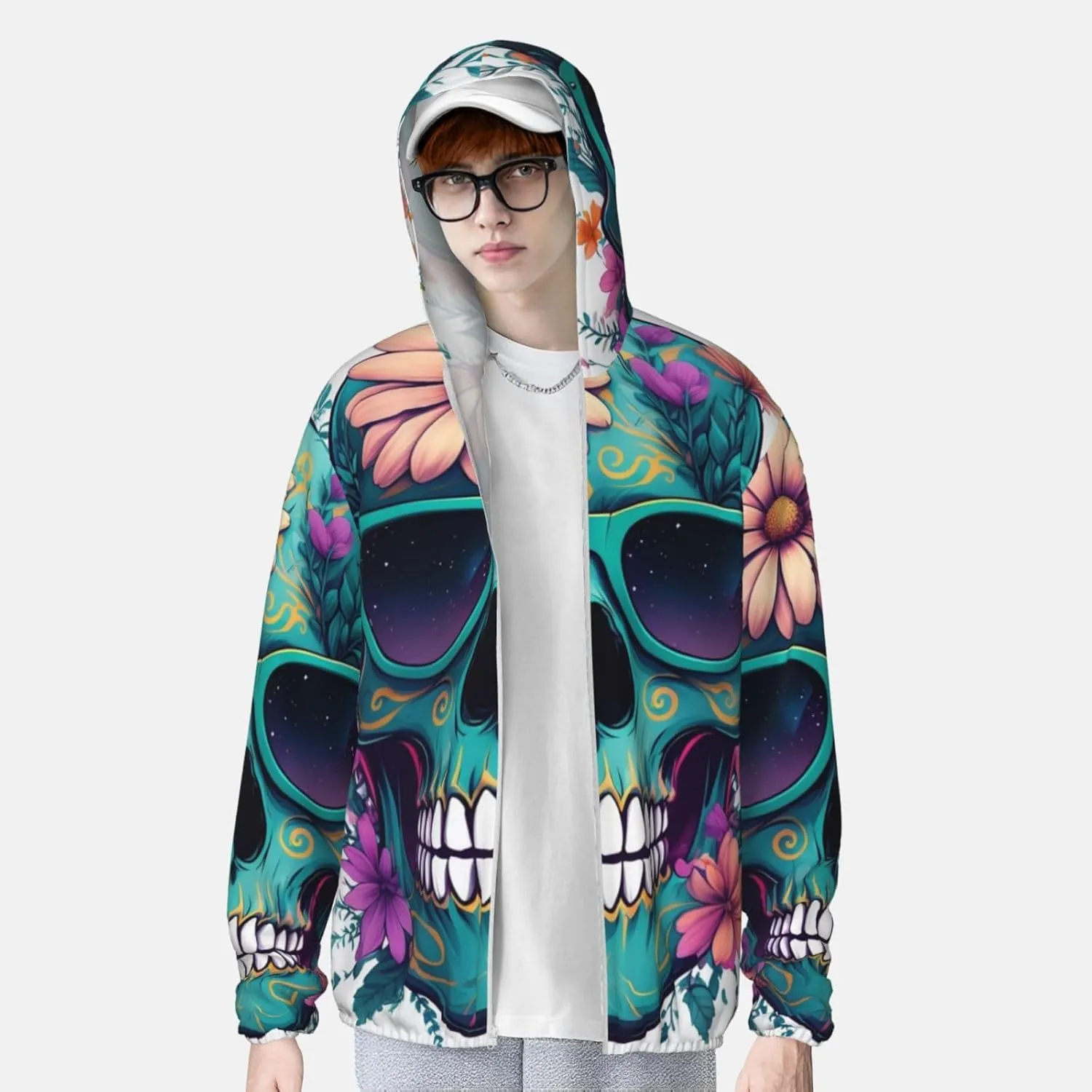 Lightweight UV Protection Sun Jacket, Skull Floral Accents Print Sportswear Hooded Sunblock Shirt for Outdoor