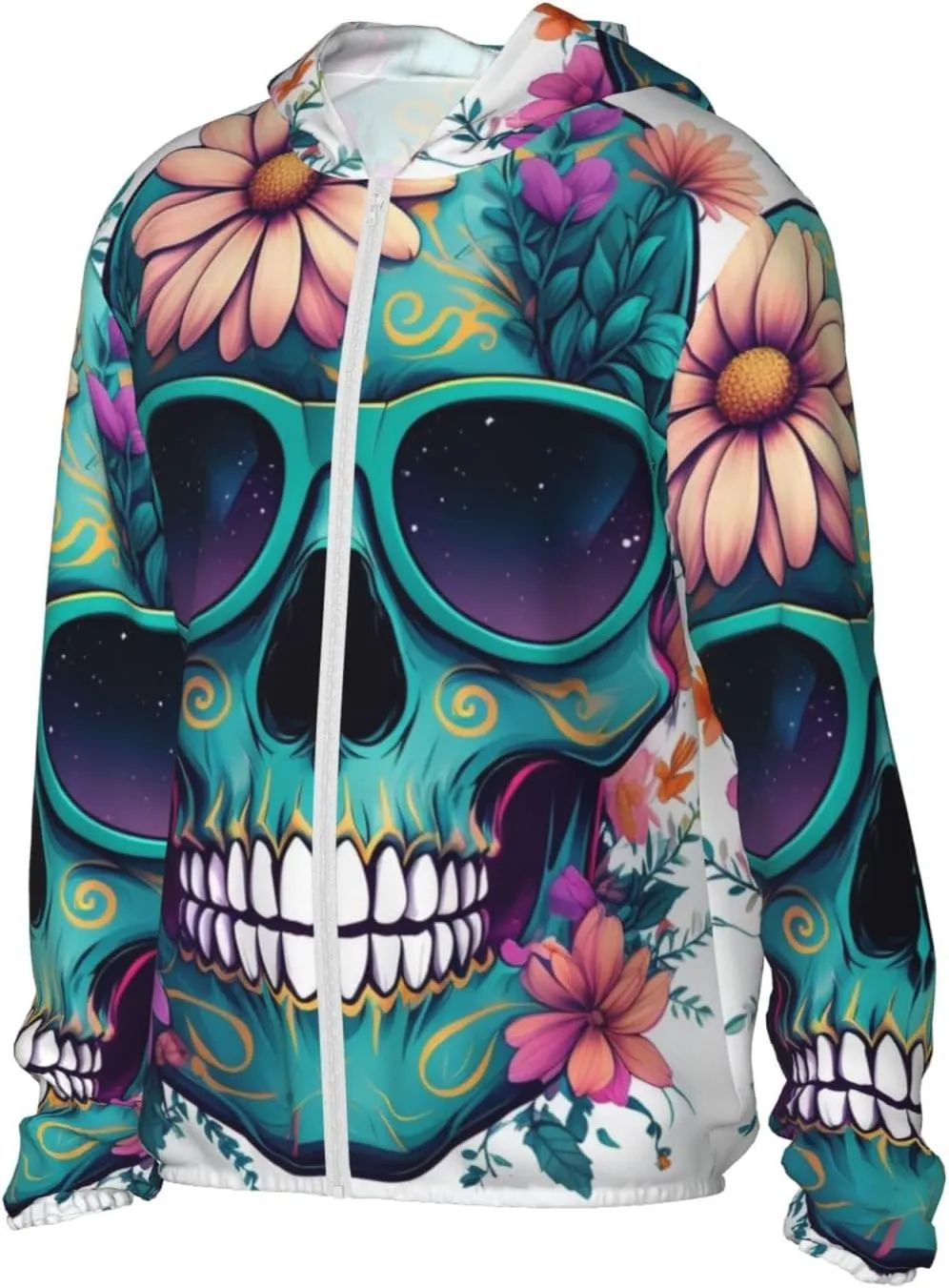 Lightweight UV Protection Sun Jacket, Skull Floral Accents Print Sportswear Hooded Sunblock Shirt for Outdoor
