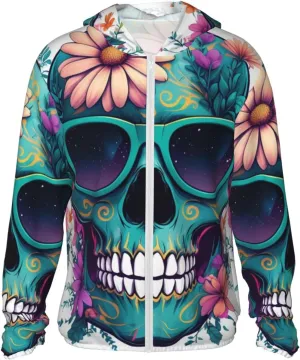 Lightweight UV Protection Sun Jacket, Skull Floral Accents Print Sportswear Hooded Sunblock Shirt for Outdoor