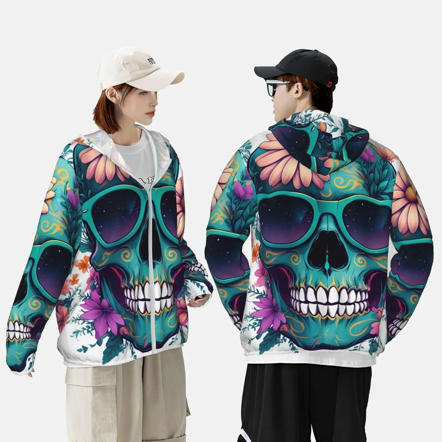 Lightweight UV Protection Sun Jacket, Skull Floral Accents Print Sportswear Hooded Sunblock Shirt for Outdoor