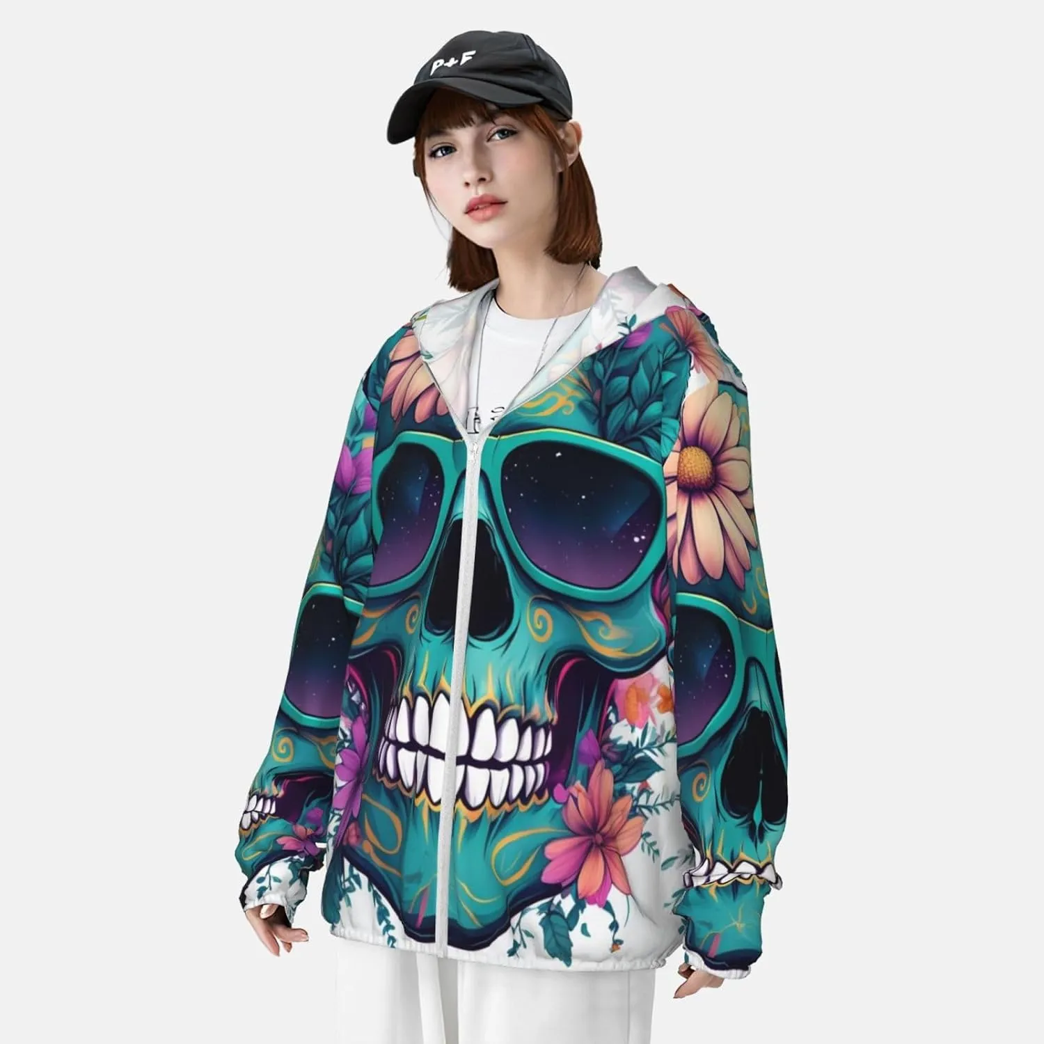 Lightweight UV Protection Sun Jacket, Skull Floral Accents Print Sportswear Hooded Sunblock Shirt for Outdoor