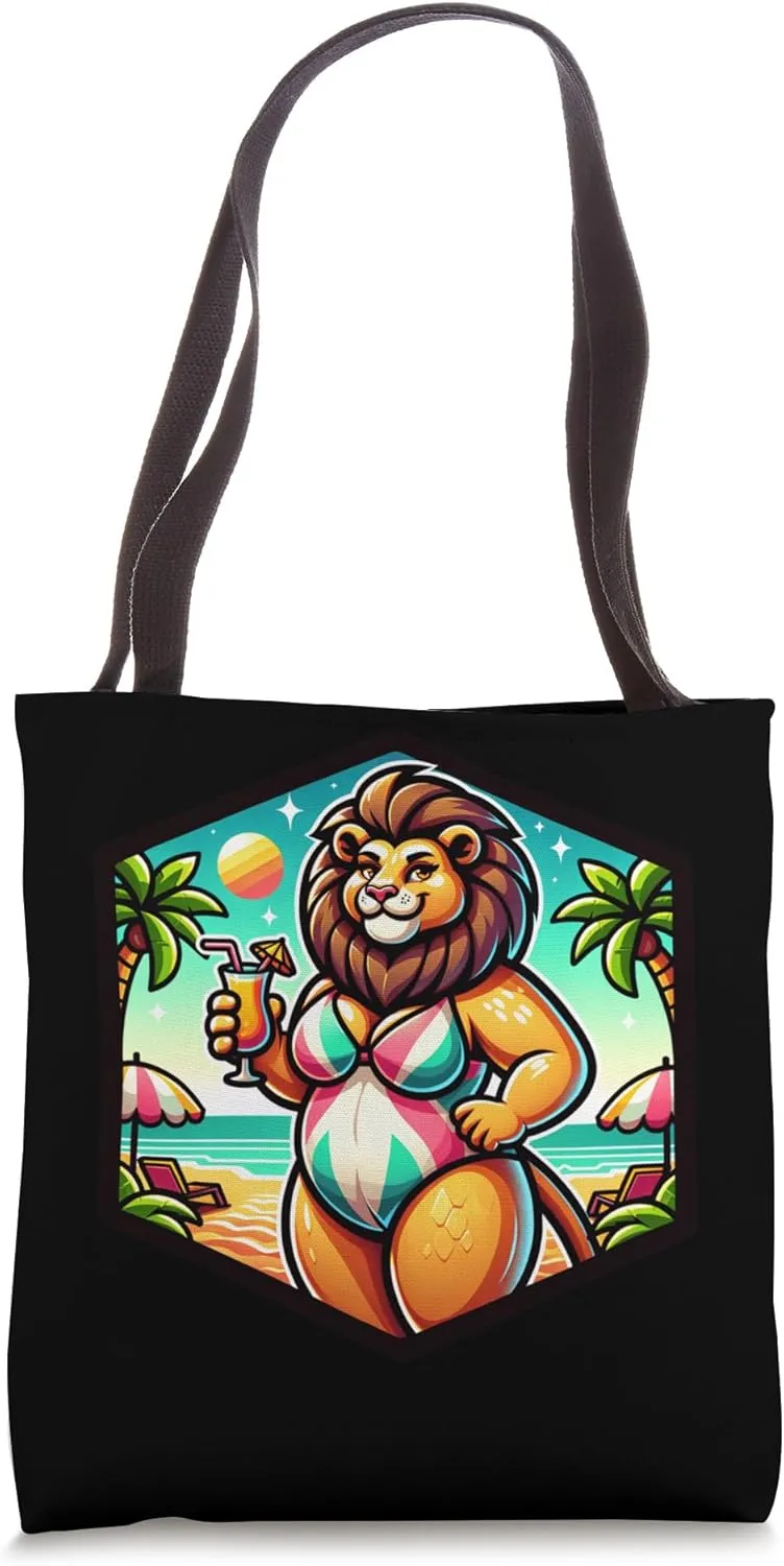 Lion In Swimsuit At Beach With Palm Trees And Sun Loungers Tote Bag