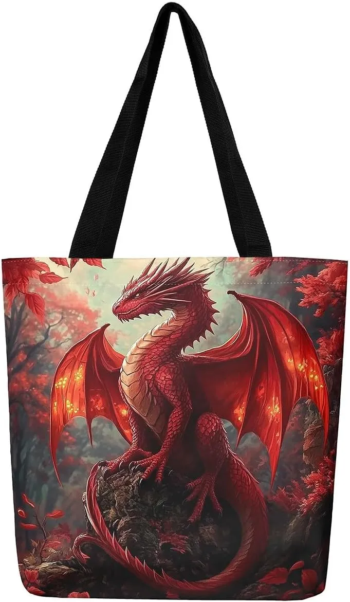 Little Dragon Canvas Tote Bag Cartoon Pterosaur The Tote Bag,Cute Jungle Animal Prehistoric Wild Animals