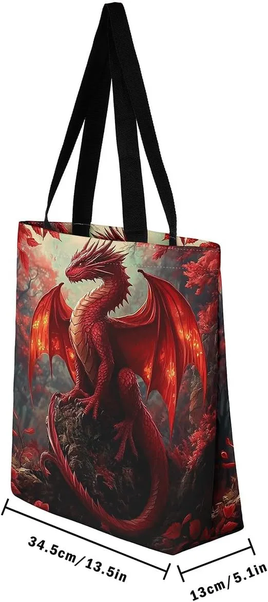 Little Dragon Canvas Tote Bag Cartoon Pterosaur The Tote Bag,Cute Jungle Animal Prehistoric Wild Animals