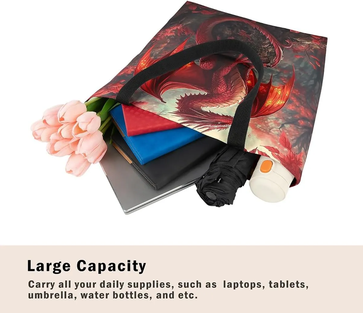 Little Dragon Canvas Tote Bag Cartoon Pterosaur The Tote Bag,Cute Jungle Animal Prehistoric Wild Animals