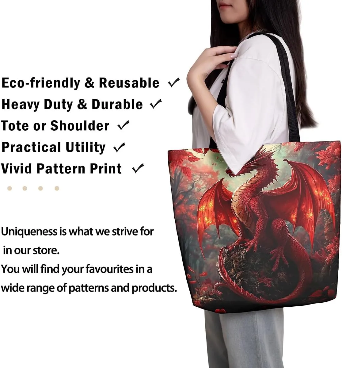 Little Dragon Canvas Tote Bag Cartoon Pterosaur The Tote Bag,Cute Jungle Animal Prehistoric Wild Animals
