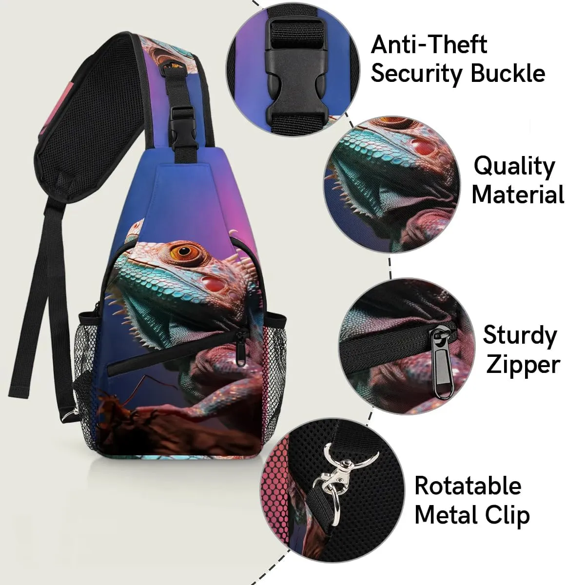 Lizard Printing Sling Bag for Women Men, Waterproof Crossbody Sling Backpack Travel Outdoor Sports Chest Bag