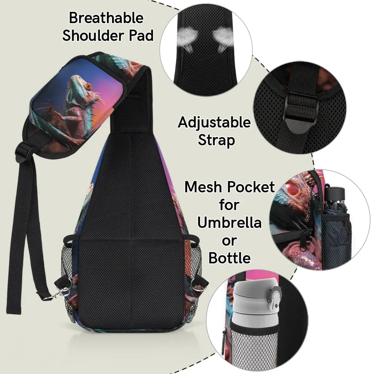 Lizard Printing Sling Bag for Women Men, Waterproof Crossbody Sling Backpack Travel Outdoor Sports Chest Bag