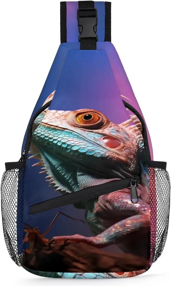 Lizard Printing Sling Bag for Women Men, Waterproof Crossbody Sling Backpack Travel Outdoor Sports Chest Bag
