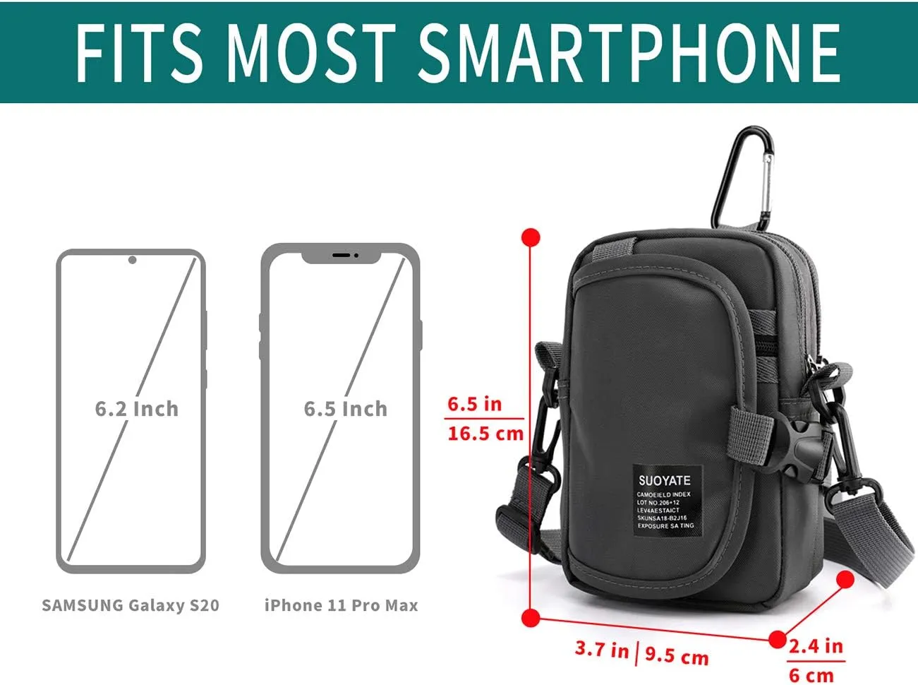 Lohol Multifunction Cell Phone Holster, One Shoulder Pouch with Carabiner, Outdoor Tactical Waist Belt Bag, Security Purse Crossbody Gadget Pocket for Smartphone Up to 6.5 inches