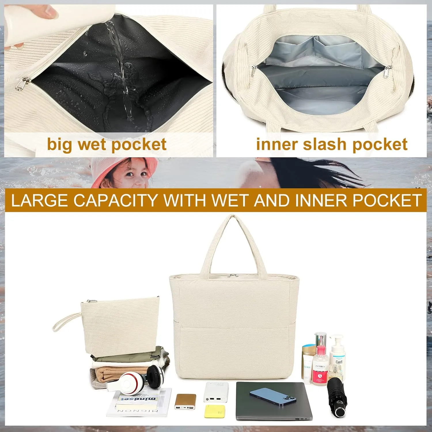 LOIDOU Large Tote Beach Bag Waterproof Sandproof Beach Pool bag with Zipper & Wet Pockets Shoulder Bag Travel Teacher Grocery