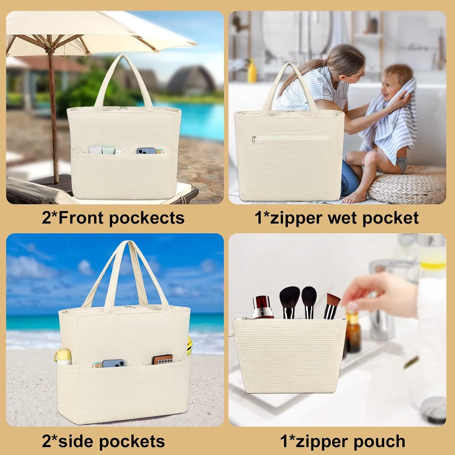 LOIDOU Large Tote Beach Bag Waterproof Sandproof Beach Pool bag with Zipper & Wet Pockets Shoulder Bag Travel Teacher Grocery