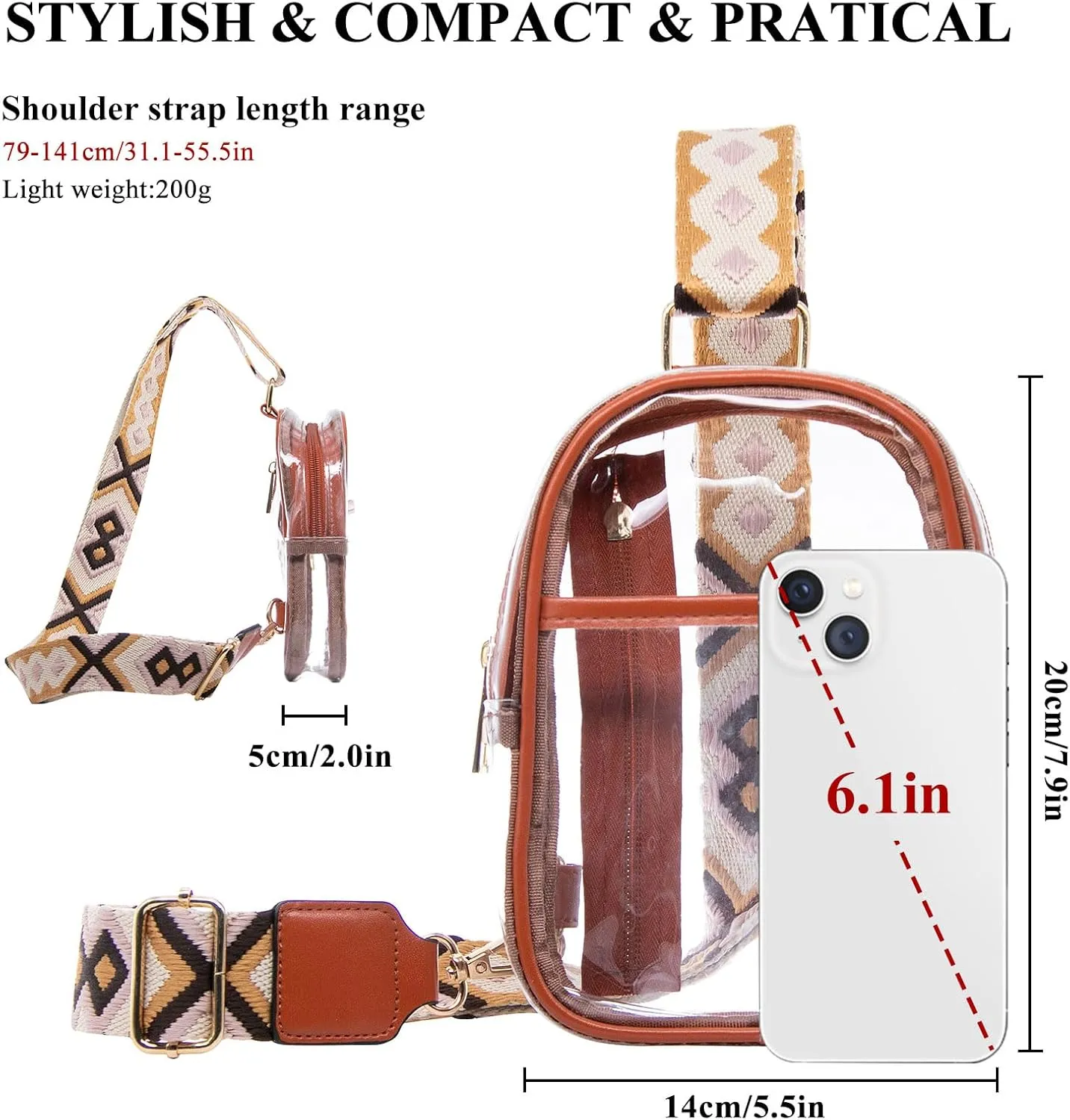 Long Keeper Clear Crossbody Bag - Women Stadium Approved Sling Bag Transparent Chest Bag for Travel Concerts Sport Events (Brown)