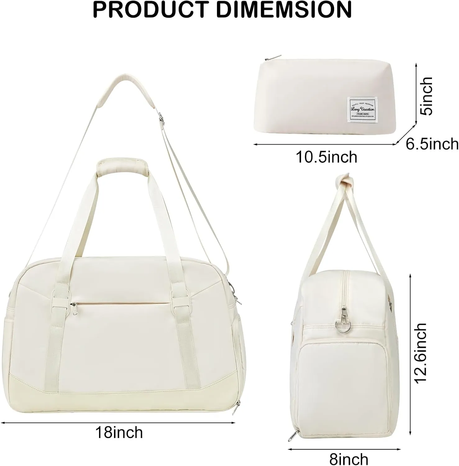 LONG VACATION Women's Travel Duffel Bag with Toiletry Bag, Sports Gym Bag Weekendeer Carry-on Tote with Shoe Compartment and Wet Pocket, Yoga Bag Fit 15.6inch Laptop (APRICOT WHITE, 18-inch)