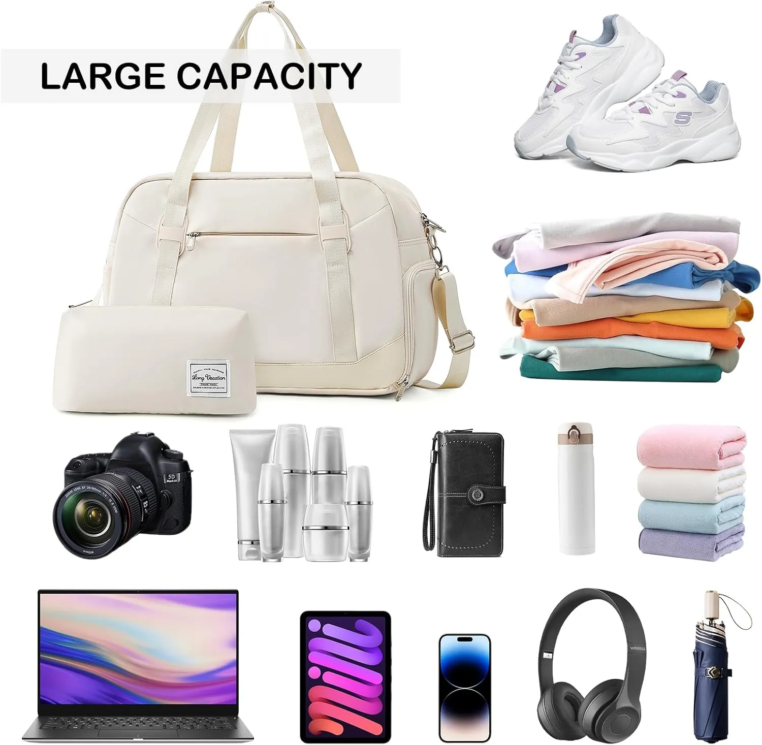 LONG VACATION Women's Travel Duffel Bag with Toiletry Bag, Sports Gym Bag Weekendeer Carry-on Tote with Shoe Compartment and Wet Pocket, Yoga Bag Fit 15.6inch Laptop (APRICOT WHITE, 18-inch)