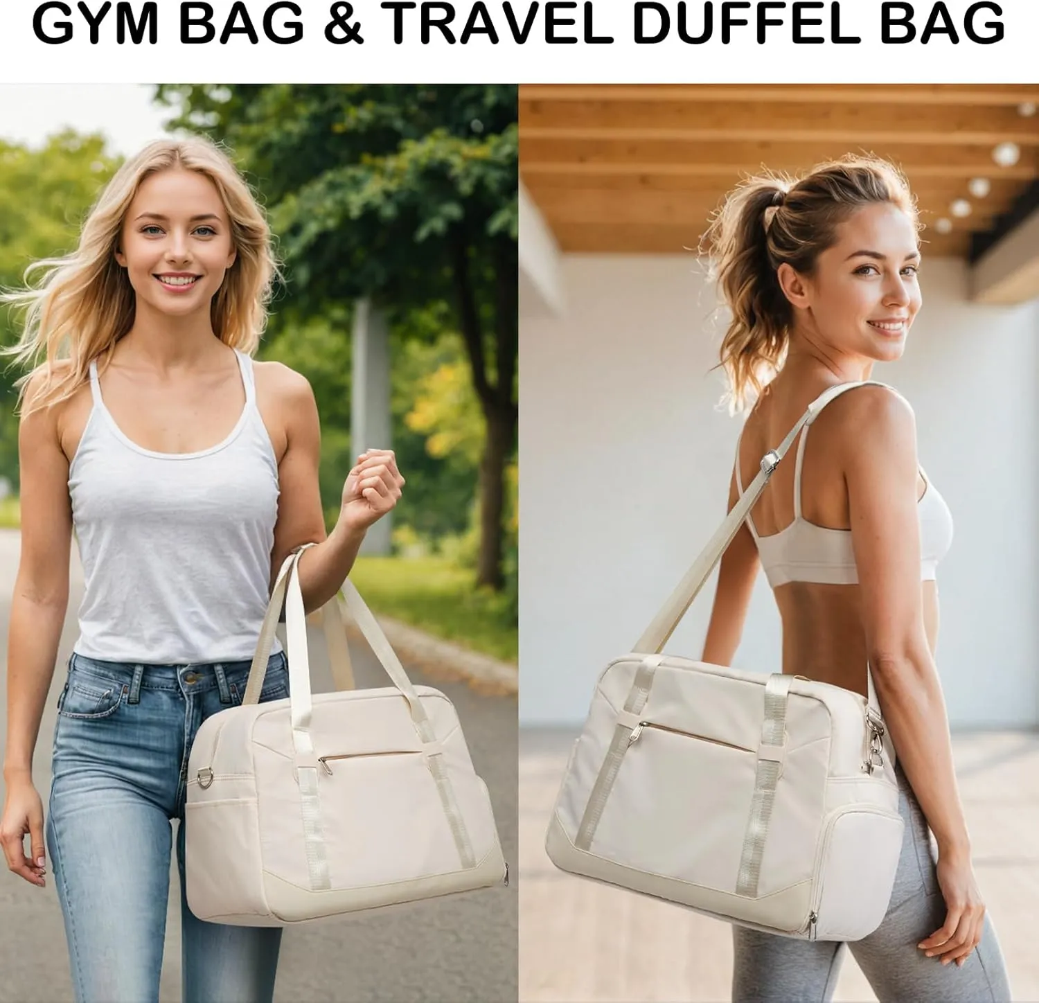 LONG VACATION Women's Travel Duffel Bag with Toiletry Bag, Sports Gym Bag Weekendeer Carry-on Tote with Shoe Compartment and Wet Pocket, Yoga Bag Fit 15.6inch Laptop (APRICOT WHITE, 18-inch)
