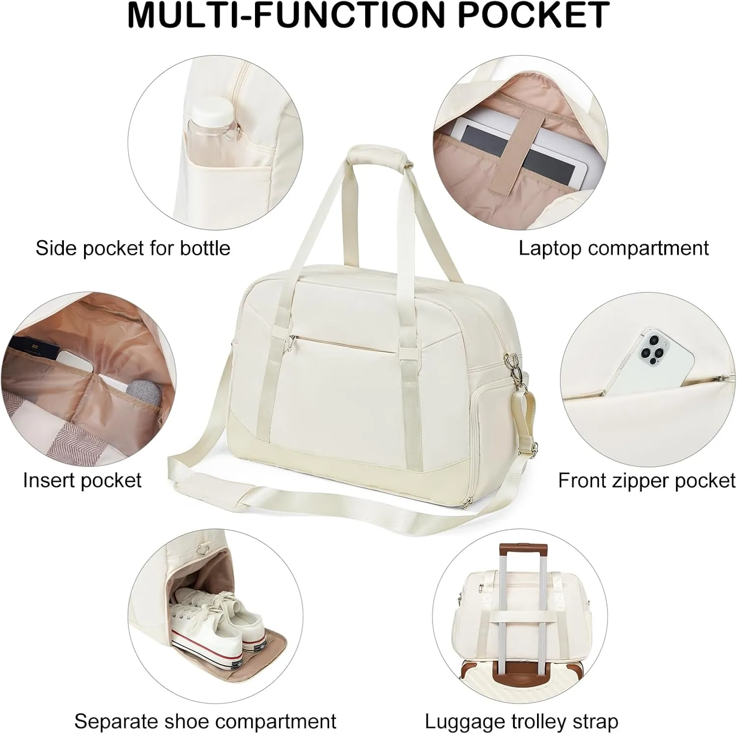 LONG VACATION Women's Travel Duffel Bag with Toiletry Bag, Sports Gym Bag Weekendeer Carry-on Tote with Shoe Compartment and Wet Pocket, Yoga Bag Fit 15.6inch Laptop (APRICOT WHITE, 18-inch)