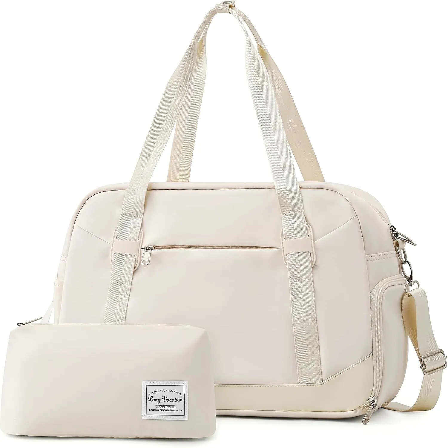 LONG VACATION Women's Travel Duffel Bag with Toiletry Bag, Sports Gym Bag Weekendeer Carry-on Tote with Shoe Compartment and Wet Pocket, Yoga Bag Fit 15.6inch Laptop (APRICOT WHITE, 18-inch)