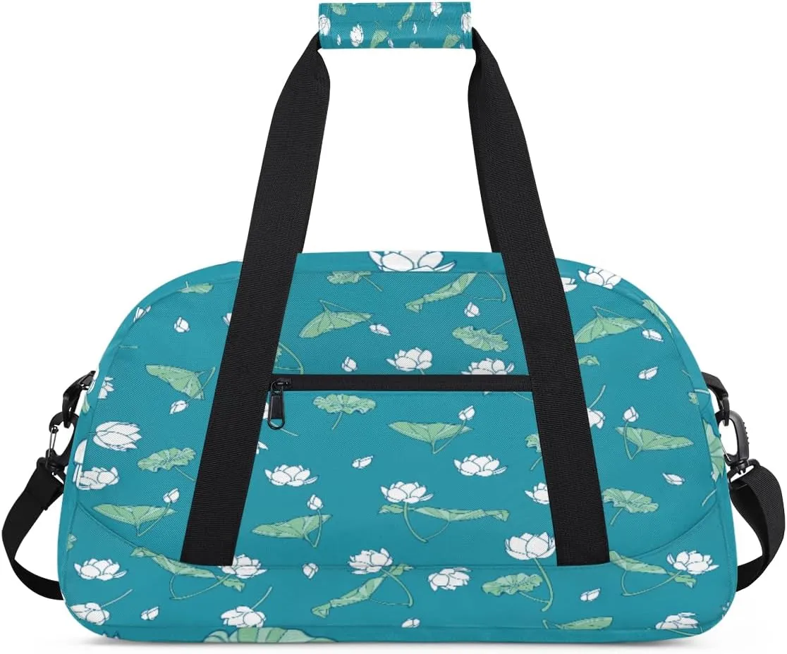 Lotus Flowers Gym Duffel Bag for Men Women Elegant Print Sports Tote Bag with Adjustable Shoulder Strap for Dance Gymnastics Traveling Outdoor Camping Overnight Stay
