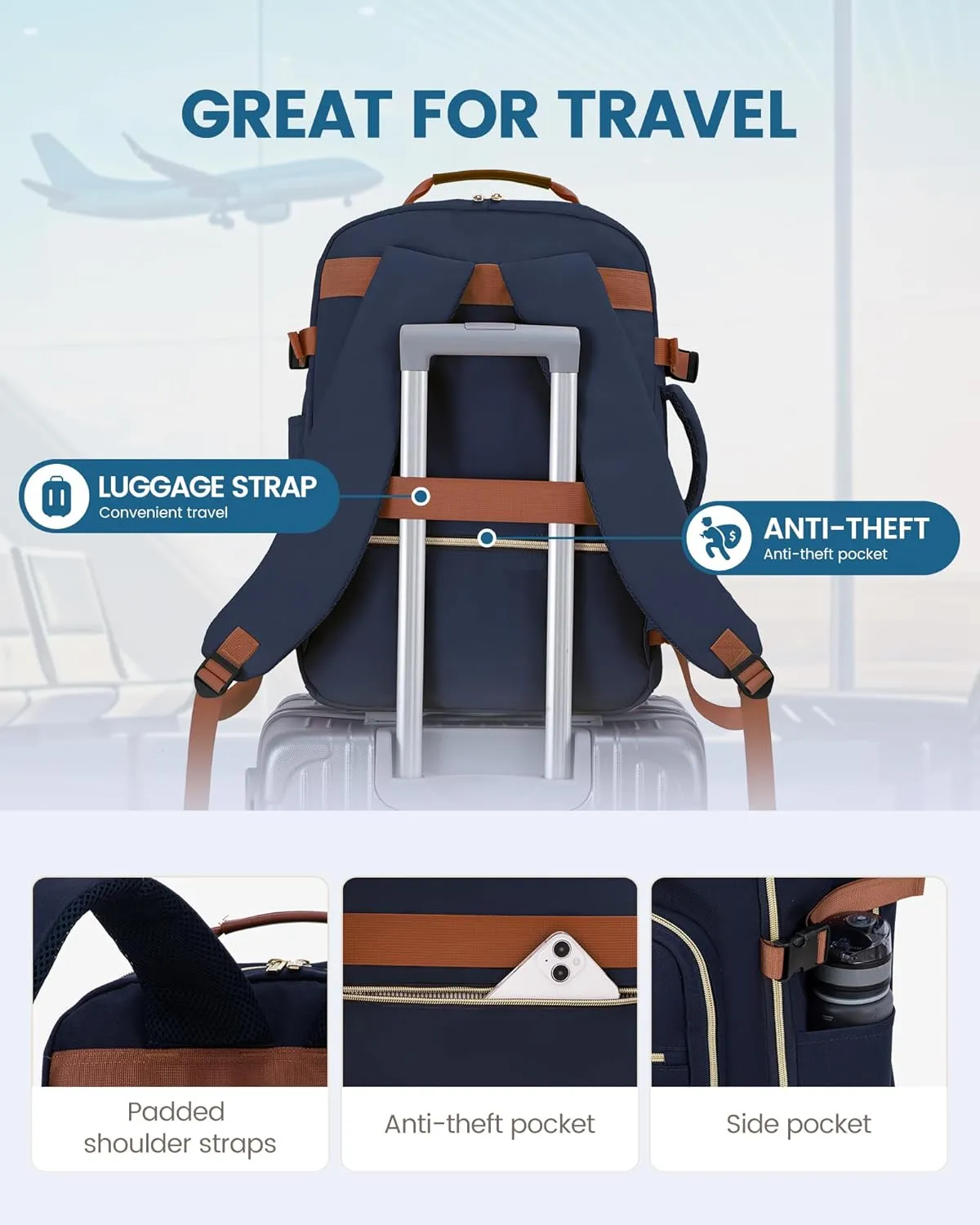 LOVEVOOK Carry on Backpck for Men, 50L Travel Backpack Flight Approved with 3 Packing Cubes, Personal Item Backpack with 18 Inch Laptop Compartment for Hiking Sport Daypack, Dark blue-Brown
