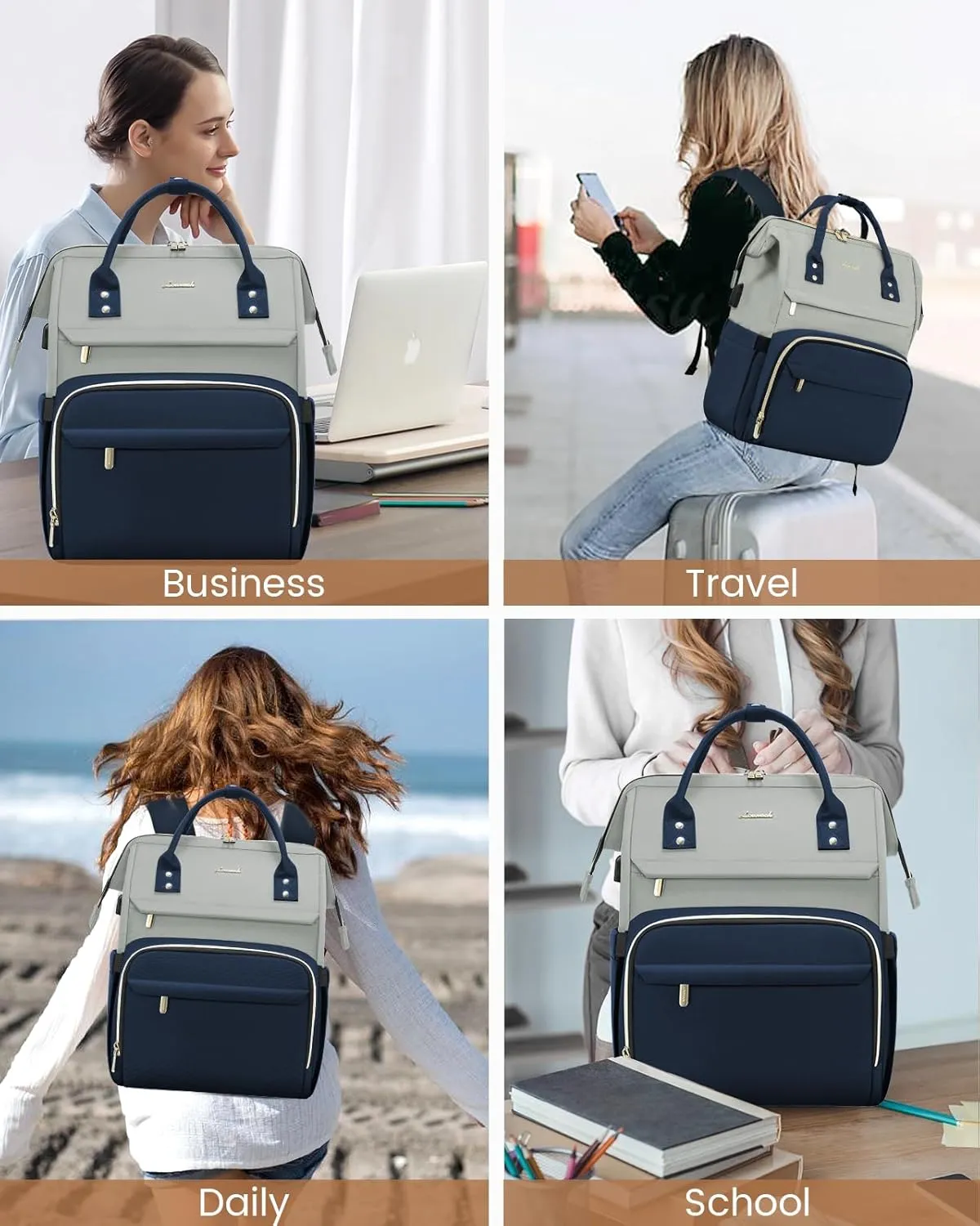 LOVEVOOK Laptop Backpack for Women, Fashion Travel Computer Business Bags, Doctor Nurse Backpack Purse For Work with USB Port, Fits 17-Inch Laptop, Light Gray- Navy Blue