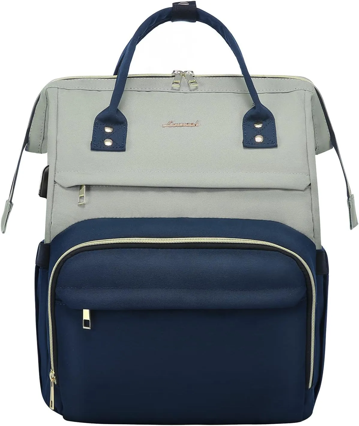 LOVEVOOK Laptop Backpack for Women, Fashion Travel Computer Business Bags, Doctor Nurse Backpack Purse For Work with USB Port, Fits 17-Inch Laptop, Light Gray- Navy Blue