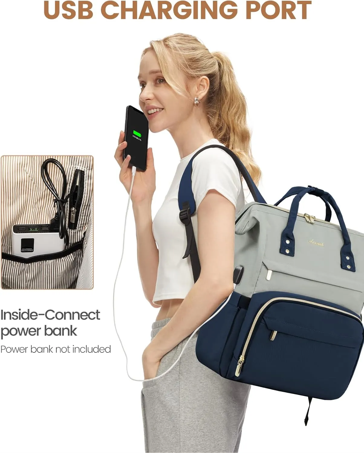 LOVEVOOK Laptop Backpack for Women, Fashion Travel Computer Business Bags, Doctor Nurse Backpack Purse For Work with USB Port, Fits 17-Inch Laptop, Light Gray- Navy Blue