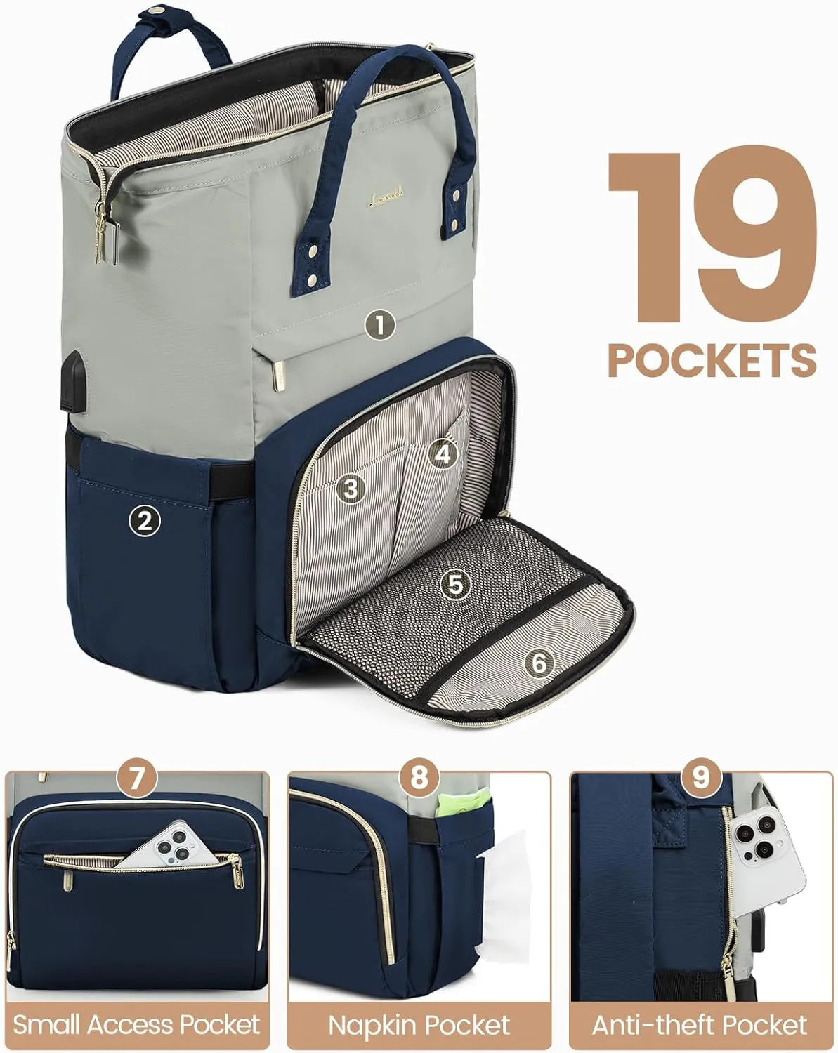 LOVEVOOK Laptop Backpack for Women, Fashion Travel Computer Business Bags, Doctor Nurse Backpack Purse For Work with USB Port, Fits 17-Inch Laptop, Light Gray- Navy Blue