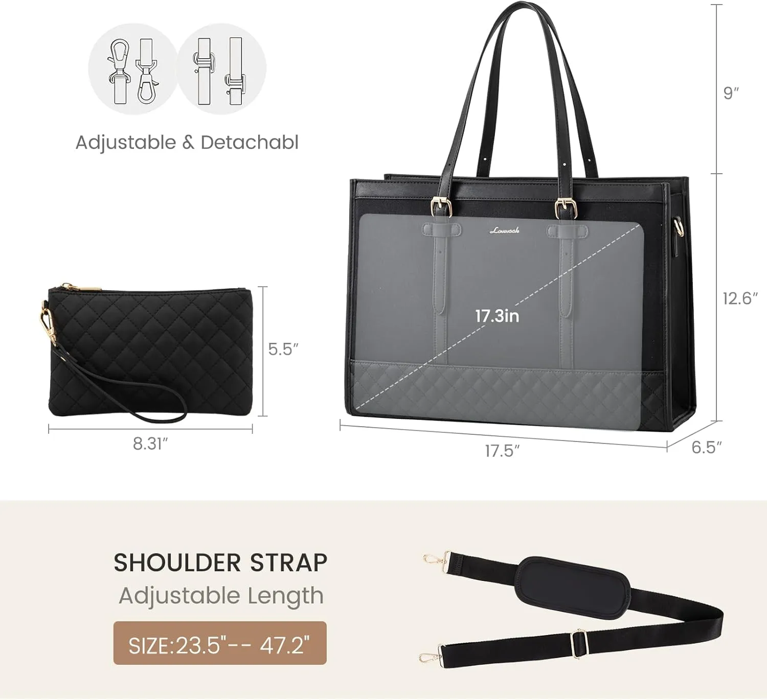 LOVEVOOK Laptop Bag for Women 17.3 inch Canvas Laptop Tote Bag, Large Capacity Work Bag with Clutch Purse, Computer Bag Office Business Briefcase, Casual Handbag for Travel College Teacher School