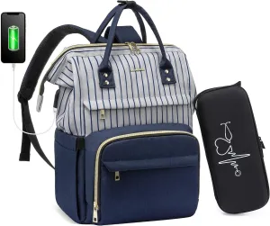 LOVEVOOK Nurse Backpack Laptop Backpack for Women with Stethoscope Case & USB Charging Port Anti Theft Travel Backpacks Doctor Bag Fits 15.6 Inch Laptop and Notebook, Blue Stripes