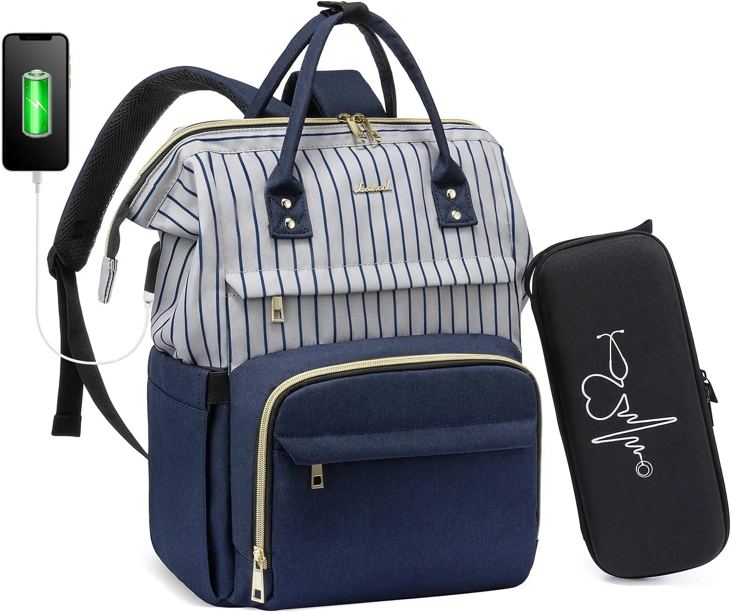 LOVEVOOK Nurse Backpack Laptop Backpack for Women with Stethoscope Case & USB Charging Port Anti Theft Travel Backpacks Doctor Bag Fits 15.6 Inch Laptop and Notebook, Blue Stripes