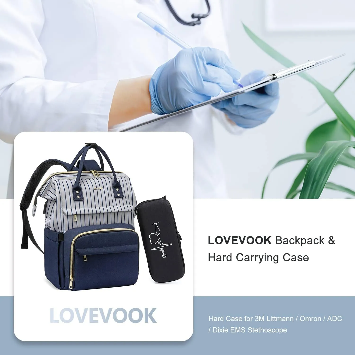 LOVEVOOK Nurse Backpack Laptop Backpack for Women with Stethoscope Case & USB Charging Port Anti Theft Travel Backpacks Doctor Bag Fits 15.6 Inch Laptop and Notebook, Blue Stripes