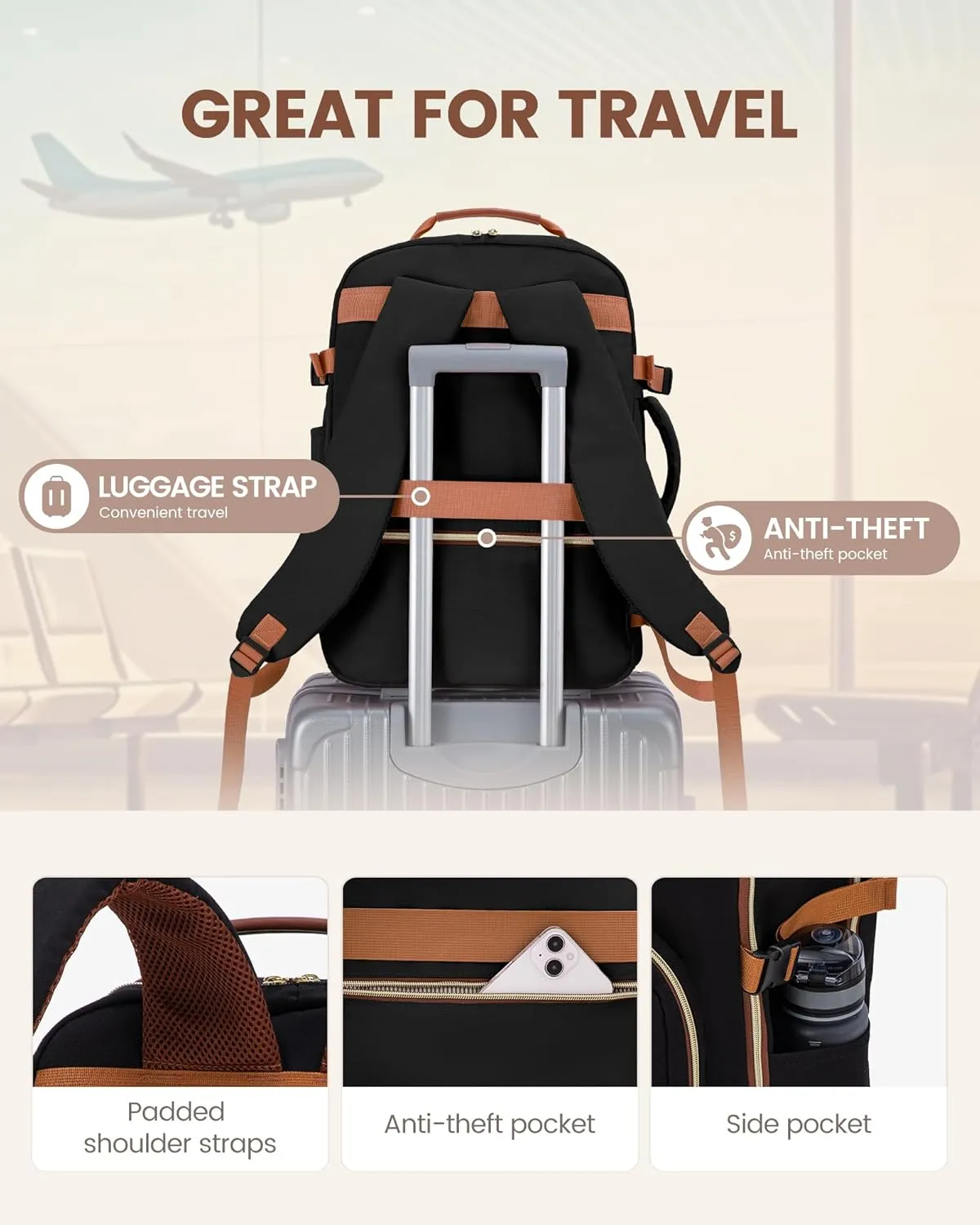 LOVEVOOK Travel Backpack, 50L Carry on Backpack with 3 Packing Cubes, 18 Inch Water Resistant Luggage Computer Daypack College Weekender Overnight Bag for Men & Women, Black-Leopard print