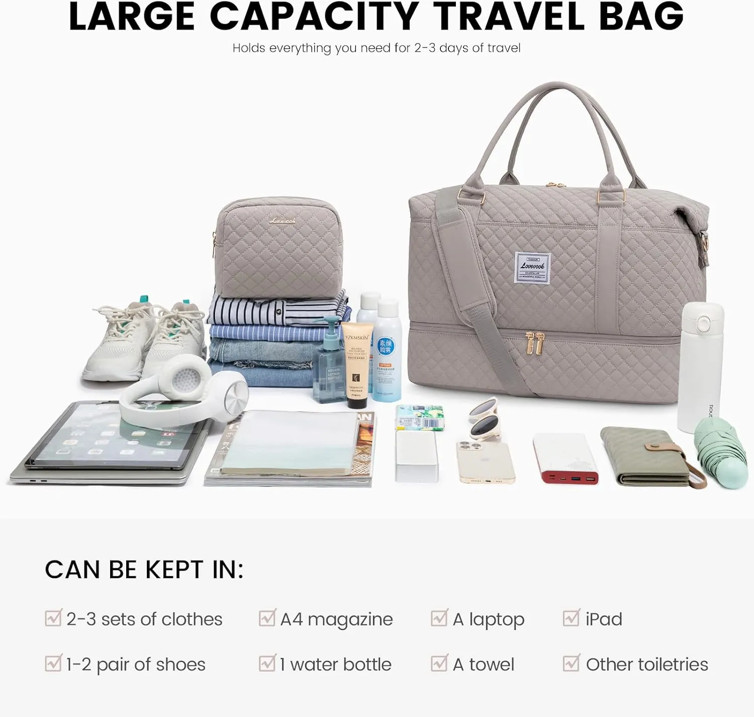 LOVEVOOK Travel Duffle Bag,Weekender Bags for Women with Shoe Compartment，Carry on Overnight Bag with Toiletry Bag,Gym Duffel Bag with Wet Pocket, Hospital Bags for Labor and Delivery