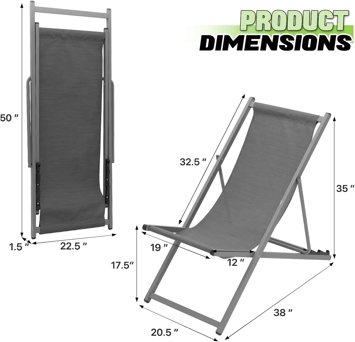 Magshion Folding Beach Sling Chairs Set of 2, 4 Level Adjustable Reclining Design, Lightweight Aluminum Frame, Portable Outdoor Chair for Backyard, Poolside and Camping, Support to 250 lbs, Gray