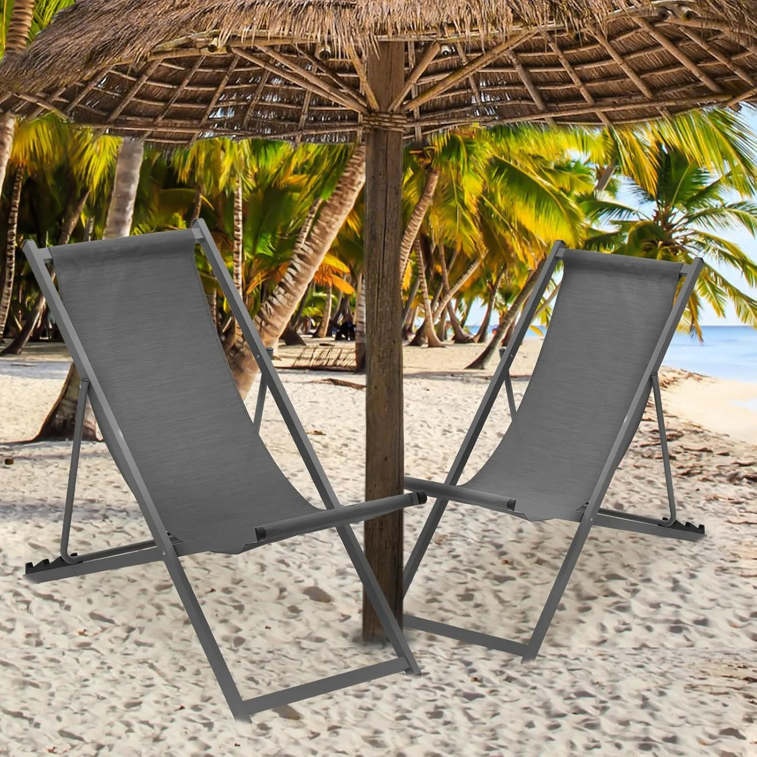 Magshion Folding Beach Sling Chairs Set of 2, 4 Level Adjustable Reclining Design, Lightweight Aluminum Frame, Portable Outdoor Chair for Backyard, Poolside and Camping, Support to 250 lbs, Gray
