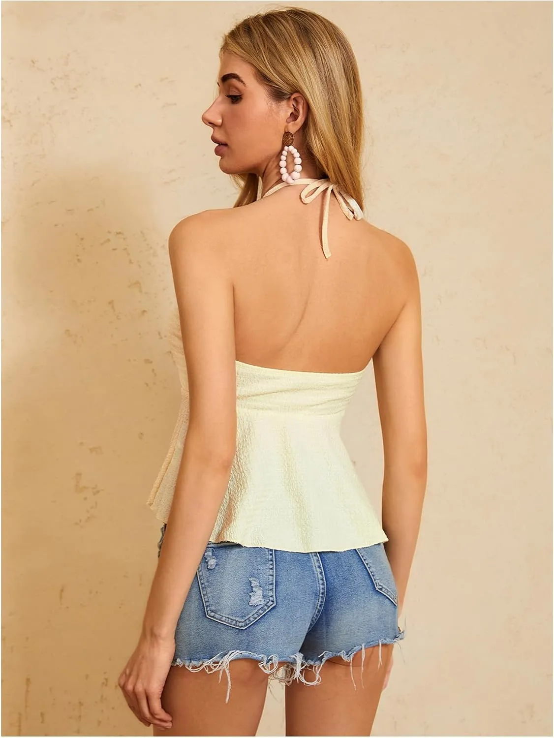 MakeMeChic Women's Summer Criss Cross Halter Tops 2025 Beach Sleeveles Cut Out Tie Backless Peplum Crop Tank Tops