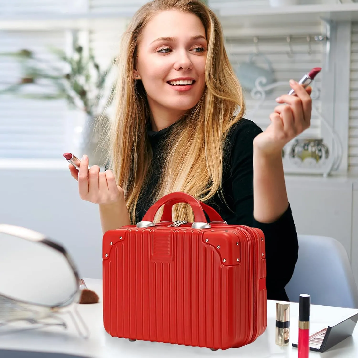 Makeup Travel for Women Girl, Portable Waterproof ABS Cosmetic Case with Elastic Band and Zipper, Case Hard Shell Vanity Cases Hand Luggage Cosmetic Case