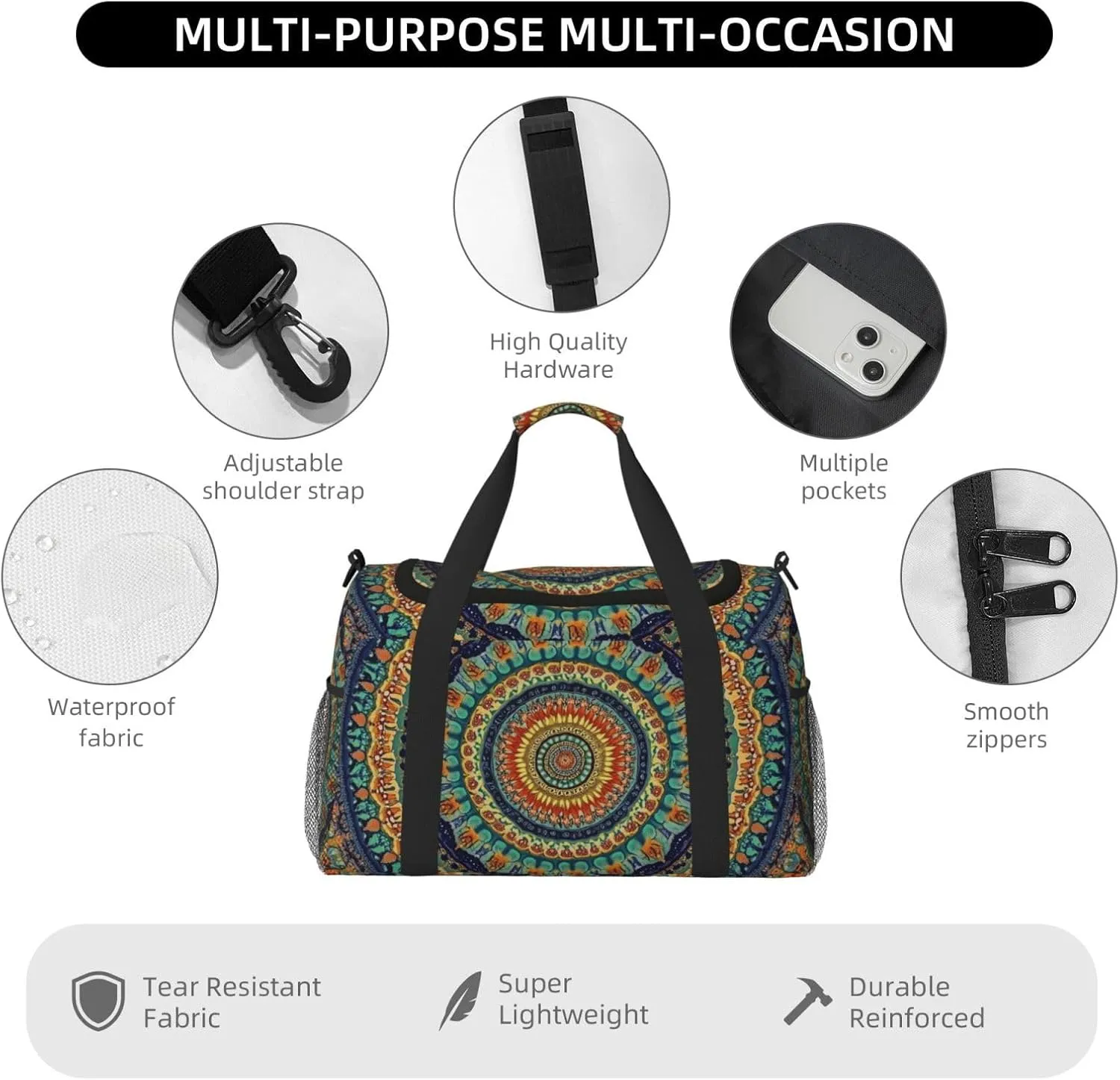 Mandala Bohemian Boho Duffle Bag Foldable Travel Tote Bag Carry On Large Weekender Overnight Bags Waterproof Gym Bag For Women Men