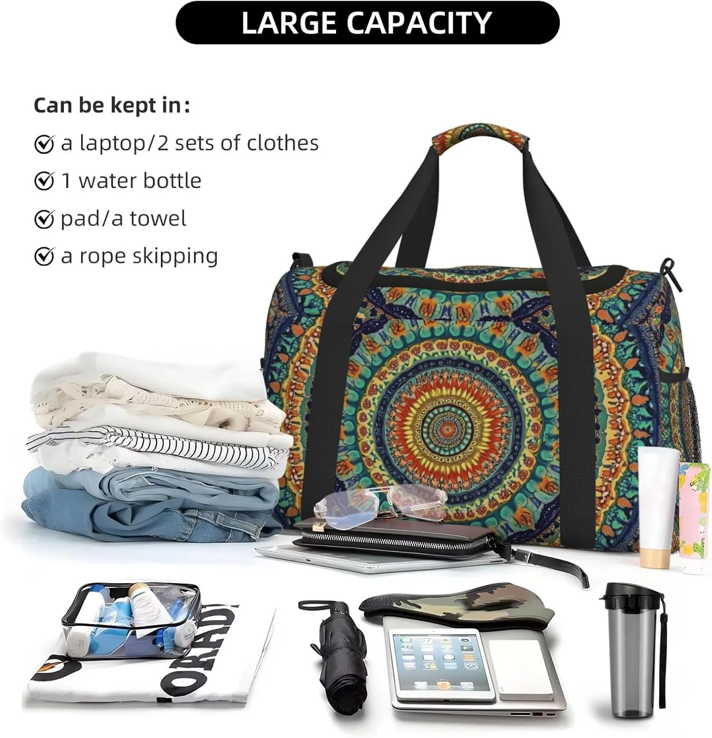 Mandala Bohemian Boho Duffle Bag Foldable Travel Tote Bag Carry On Large Weekender Overnight Bags Waterproof Gym Bag For Women Men