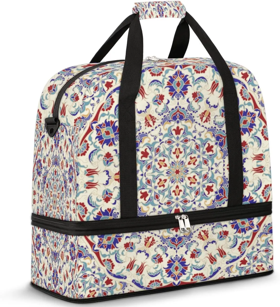 Mandala Vintage Turkish Style Travel Duffle Bag, Large Sports Gym Bag with Shoe Compartment, Carry on Tote Bag, Foldable Weekender Overnight Bag for Women Men