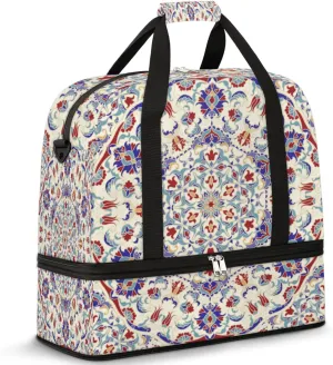 Mandala Vintage Turkish Style Travel Duffle Bag, Large Sports Gym Bag with Shoe Compartment, Carry on Tote Bag, Foldable Weekender Overnight Bag for Women Men