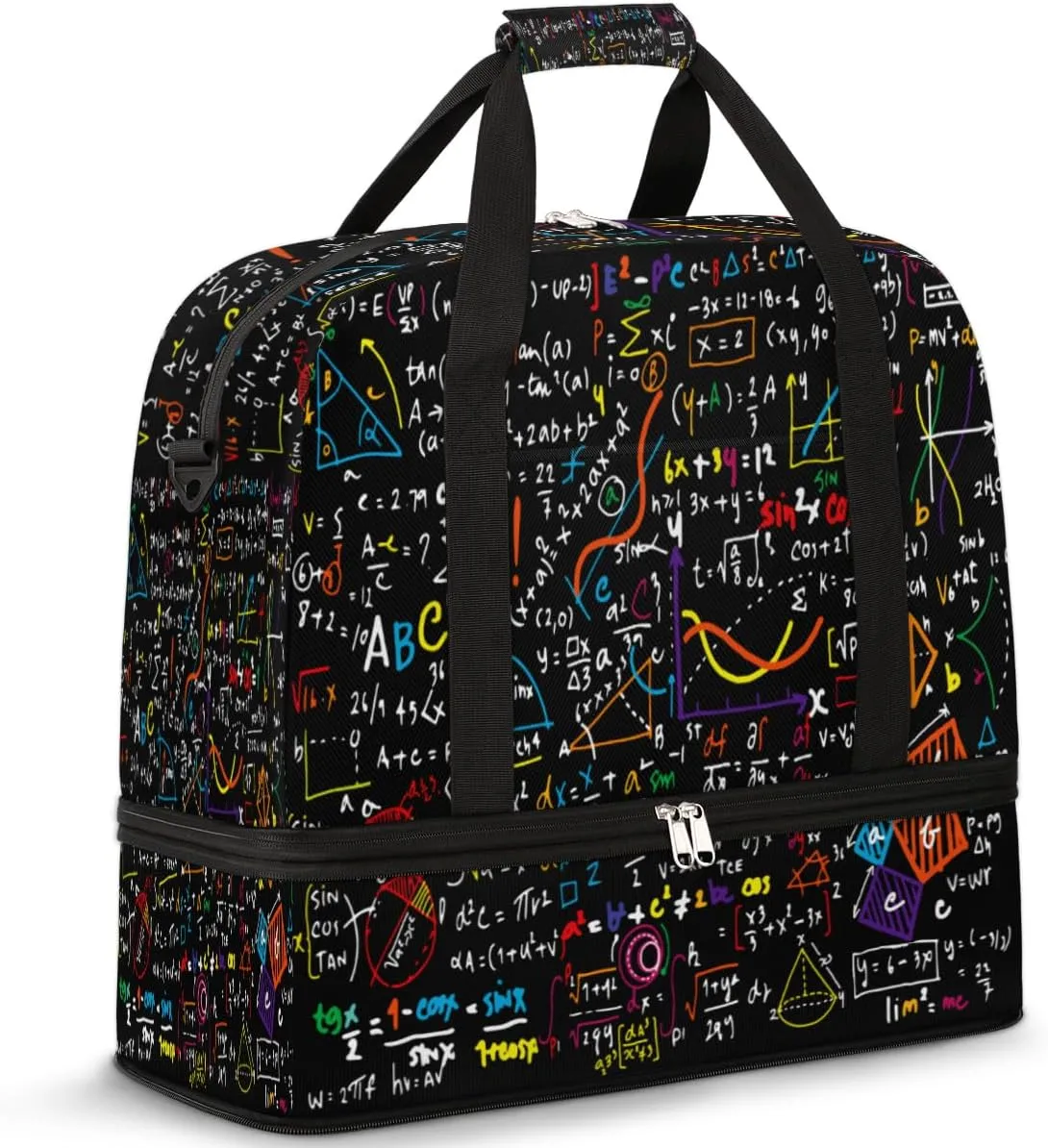Mathematical Formula Travel Duffel Bag for Women Men, Black Math Sports Gym Bag with Shoes Compartment Foldable Overnight Bag Weekender Tote Workout Carry On Luggage Bag
