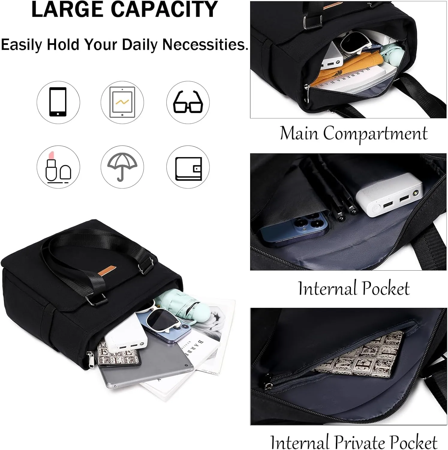 Medium Canvas Tote Bag for Women, Multi-Pocket Purse Handbag with Adjustable Top Handle